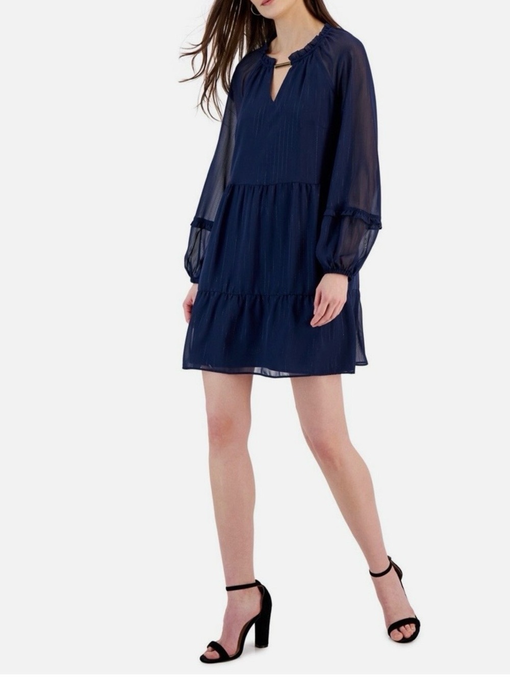 INC International Concepts Navy Long-Sleeve Tiered Mini Dress